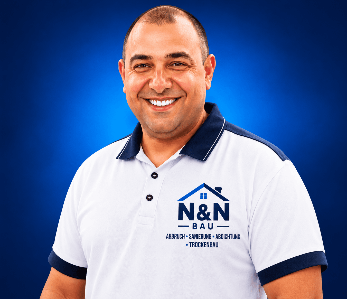 Aptula Cholak, Inhaber von N&N Bau, lächelnd im weißen Poloshirt mit Firmenlogo